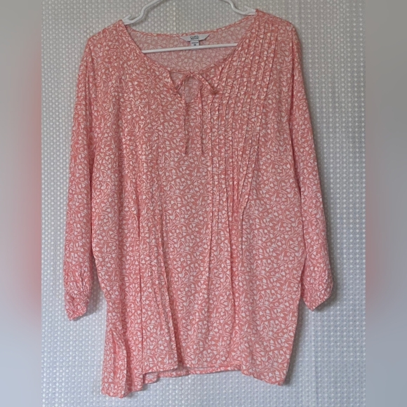 NWT Croft & Barrow Coral Floral Blouse 0X Plus Size Boho Tunic Top Pintuck Sprin - Picture 7 of 7